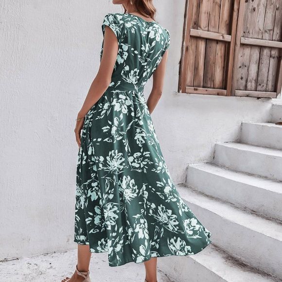 New Floral Print Puff Sleeve Wrap Belted Dress Green - Picture 5 of 6